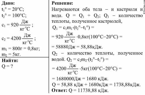 Количество теплоты необходимое для нагревания от 20 до 100 градусов цельсия алюминиевой кастрюле мас