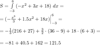 S=\int\limits^{6}_{-3} {(-x^{2}+3x+18)} \ dx = \\ \\ =(-\frac{x^{3}}{3} + 1.5x^{2}+18x)\Big|_{-3}^{6}=\\ \\=-\frac{1}{3} (216+27)+\frac{3}{2}\cdot(36-9)+18\cdot(6+3)=\\ \\ =-81+40.5+162=121.5