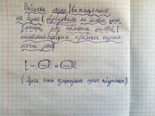 Схема к предложению. рыбачьи лодки, вытащенные на берег, образовали на белом песке длинный ряд тёмны