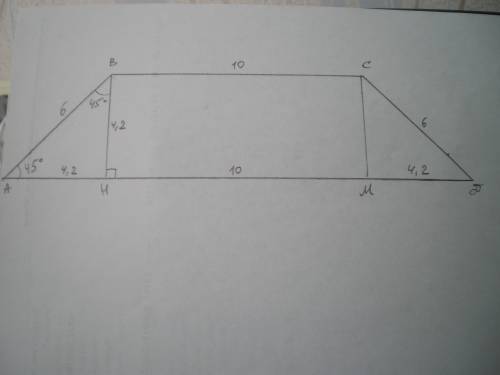 Вравнобедренной трапеции боковая сторона равна 6 см, меньшее основание 10 см, меньший угол равен 45