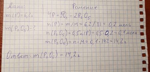 При сжигание фосфора массой 6.2 г в избытке кислорода образуется продукта: а) 0.3 моль; б) 0.2 моль;