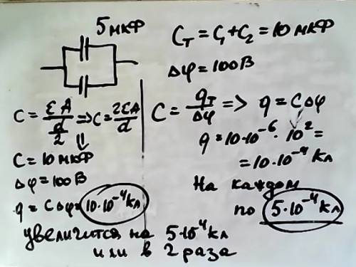 Два конденсатора с одинаковыми ёмкостями по 5мкф соединили параллельно и зарядив до разности потенци