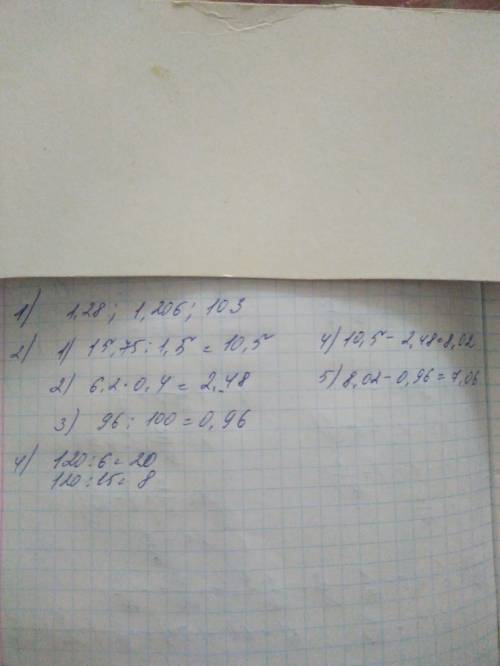 Расположите в порядке убывания дроби: 1,206; 1,03; 1,28. найдите значение выражения: 15,75: 1,5-6,2×