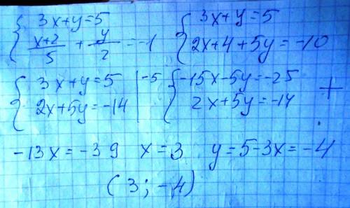 Решить систему уравнений 3х+у=5 (х+2): 5+у: 2=-1 (любым