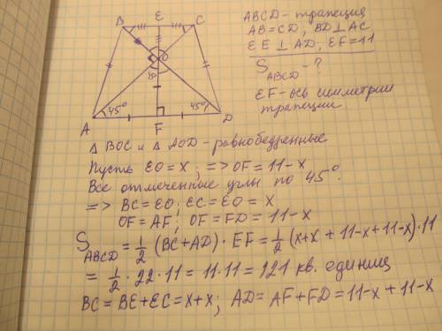 Диагональ равнобокой трапеции взаимно перпендекулярны. найдите площадь трапеции, если её высота равн