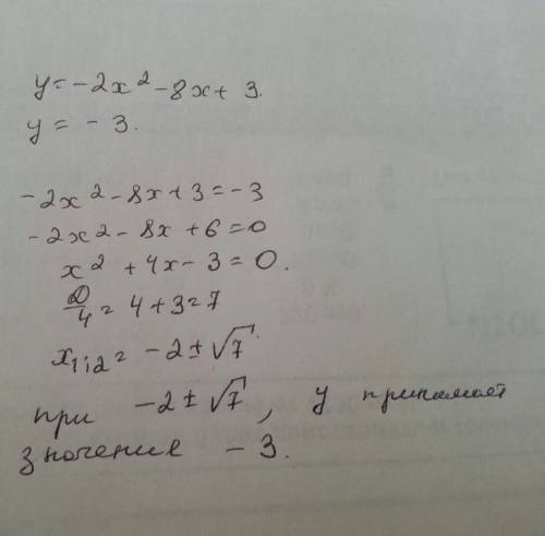 При каких значениях х функция у=-2х^2-8х+3 принимает значение , равное -3?