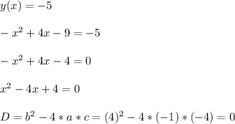 y(x) =-5 \\ \\ -x^2+4x-9 = -5 \\ \\ -x^2+4x-4 =0 \\ \\ x^2-4x+4 =0 \\ \\ D = b^2 - 4 * a * c = (4)^2 - 4 * (-1) * (-4) = 0