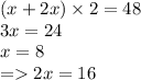 (x + 2x) \times 2 = 48 \\ 3x = 24 \\ x = 8 \\ = 2x = 16