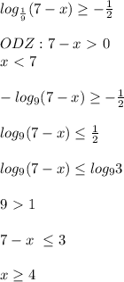 log_{ \frac{1}{9} } (7-x) \geq - \frac{1}{2} \\ \\ ODZ: 7-x\ \textgreater \ 0 \\ x\ \textless \ 7 \\ \\ - log_{9} (7-x) \geq - \frac{1}{2} \\ \\ l og_{9} (7-x) \leq \frac{1}{2 } \\ \\ log_{9} (7-x) \leq log_{9} 3 \\ \\ 9\ \textgreater \ 1 \\ \\ 7-x \ \leq 3 \\ \\ x \geq 4 \\ \\