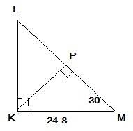 Втреугольнике кlм известно, что км=24,8 дм, угол м=30°, угол к=90°. найдите расстояние от точки к до