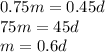 0.75m=0.45d \\\ 75m=45d \\\ m=0.6d