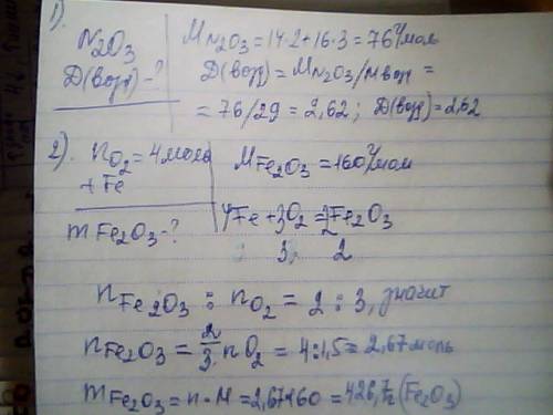 1)вычислить относительную плотность оксида азота (3) по воздуху 2)найдите массу оксида железа (3) по