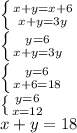 \left \{ {{x+y=x+6} \atop {x+y=3y}} \right. \\ \left \{ {{y=6} \atop {x+y=3y}} \right. \\ \left \{ {{y=6} \atop {x+6=18}} \right. \\ \left \{ {{y=6} \atop {x=12}} \right. \\ x+y=18