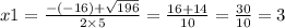 x1 = \frac{ - ( - 16) + \sqrt{196} }{2 \times 5} = \frac{16 + 14}{10} = \frac{30}{10} = 3