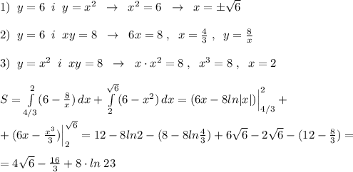 1)\; \; y=6\; \; i\; \; y=x^2\; \; \to \; \; x^2=6\; \; \to \; \; x=\pm \sqrt6\\\\2)\; \; y=6\; \; i\; \; xy=8\; \; \to \; \; 6x=8\; ,\; \; x=\frac{4}{3}\; ,\; \; y=\frac{8}{x}\\\\3)\; \; y=x^2\; \; i\; \; xy=8\; \; \to \; \; x\cdot x^2=8\; ,\; \; x^3=8\; ,\; \; x=2\\\\S=\int\limits^2_{4/3} (6-\frac{8}{x})\, dx+\int\limits^{\sqrt6}_2 (6-x^2)\, dx=(6x-8ln|x|)\Big |_{4/3}^2+\\\\+(6x-\frac{x^3}{3})\Big |_2^{\sqrt6}=12-8ln2-(8-8ln\frac{4}{3})+6\sqrt6-2\sqrt6-(12-\frac{8}{3})=\\\\=4\sqrt6-\frac{16}{3}+8\cdot ln\frac\frac{2}{3}