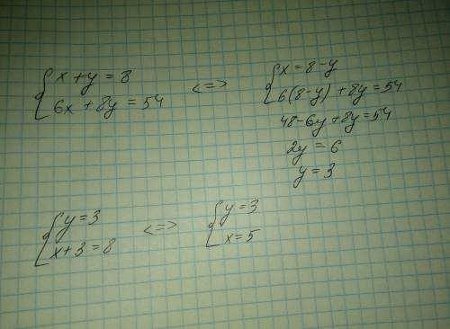 Решите систему уравнений x + y = 8 6x +8y = 54