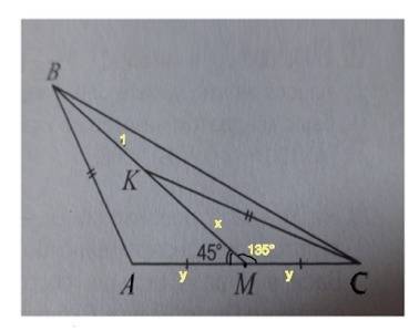 Втреугольнике авс проведена медиана вм. известно,что угол амв=45°. на отрезке вм выбрана точка к так