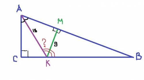 Впрямоугольном треугольнике abc угол c = 90 градусов, биссектриса ak равна 18 см. расстояние от точк