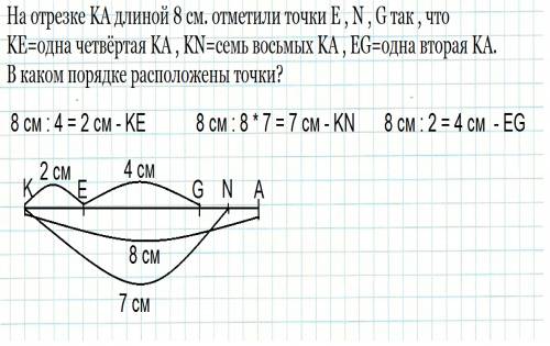 На отрезке ka длиной 8 см. отметили точки e , n , g так , что ke=одна четвёртая ka , kn=семь восьмых