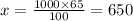 x = \frac{1000 \times 65}{100} = 650