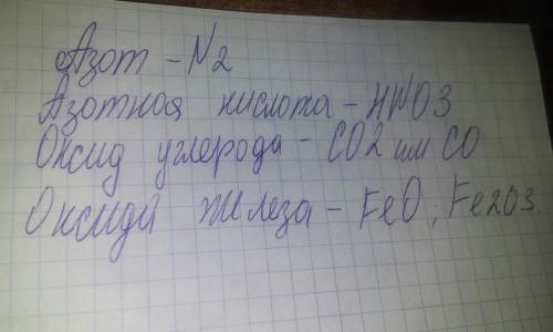 Формулы следующих элементов : азота, азотной кислоты, оксида кислорода (lv), оксида железа (lll)