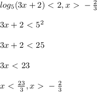 log_5(3x+2)\ \textless \ 2,x\ \textgreater \ - \frac{2}{3} \\ \\ 3x+2\ \textless \ 5^{2} \\ \\ 3x+2\ \textless \ 25 \\ \\ 3x\ \textless \ 23 \\ \\ x\ \textless \ \frac{23}{3} , x\ \textgreater \ - \frac{2}{3}