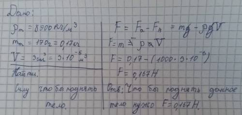 Какая требуется сила, чтобы удержать в воде медный брусок массой 170 г и объемом 3 см3?