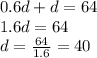 0.6d+d=64 \\\ 1.6d=64 \\\ d= \frac{64}{1.6} =40