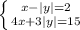 \left \{ {{x-|y|=2} \atop {4x+3|y|=15}} \right.