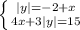 \left \{ {{|y|=-2+x} \atop {4x+3|y|=15}} \right.