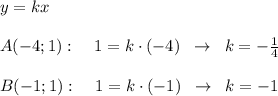 y=kx\\\\A(-4;1):\; \; \; \; 1=k\cdot (-4)\; \; \to \; \; k=- \frac{1}{4}\\\\B(-1;1):\; \; \; \; 1=k\cdot (-1)\; \; \to \; \; k=-1