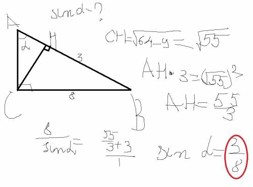 40 ! в прямоугольном треугольнике abc с прямым углом c проведена высота ch , bc=8,bh=3 .найдите sina