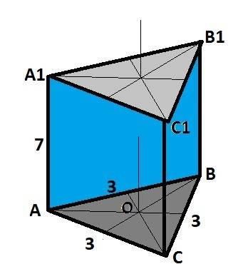 Восновании правильной призмы лежит треугольник со стороной 3 см, а ее боковое ребро равно 7 см. найд