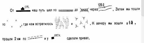 Замените слова топографическими знаками. («они шли, по-прежнему молча, прячась в тени деревьев, нако