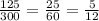 \frac{125}{300} = \frac{25}{60} = \frac{5}{12}