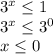 3^{x} \leq 1 \\ &#10;3^{x} \leq 3^{0} \\ &#10;x \leq 0