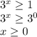 3^{x} \geq 1 \\ &#10;3^{x} \geq 3^{0} \\ &#10;x \geq 0