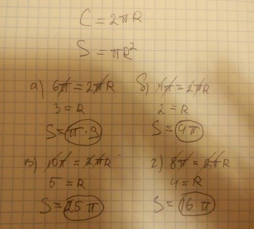 Найдите площадь круга, если длинна круга, которая ограничивает его, равна: а) 6п см б) 4п см в) 10п