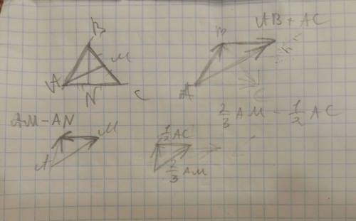 Урівносторонньому трикутнику abc проведено медіани am і bn .побудуйте вектори ab+ac ,am-an, 2/3am- 1