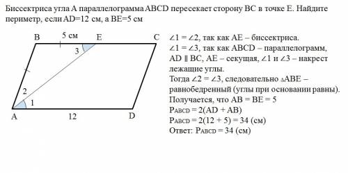 Биссектриса угла a параллелограмма abcd пересекает сторону bc в точке e. найдите периметр если ad=12