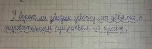 Сделать разбор предложения.у ворот мы увидели девочку лет девяти с очаровательным существом на руках