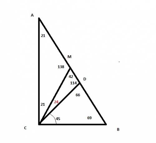 Втреугольнике acb из угла c на сторону ab проведена медиана cm и биссектриса cd соответственно. найд