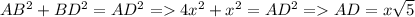 AB^{2} +BD^{2} =AD^{2} = 4x^{2} +x^{2} =AD^{2} = AD=x\sqrt{5}