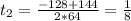 t_{2}= \frac{-128+144}{2*64}= \frac{1}{8}