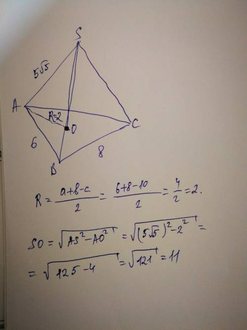 Основание пирамиды - треугольник со сторонами 6 и 8. найдите высоту пирамиды, если каждое боковое ре