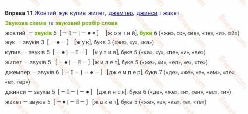 Підкреслити слова яких звуків менше ніж букв. побудуй звукові схеми цих слів (жовтий жук купив желае