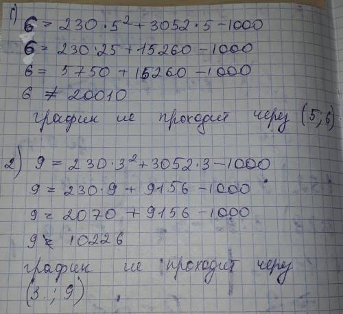 Проходит ли график функции y=230x^2+3052x-1000 через точки: 1) (5; 6) 2) (3; 9)