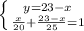 \left \{ {{y=23-x} \atop { \frac{x}{20} + \frac{23-x}{25} = 1 }} \right.