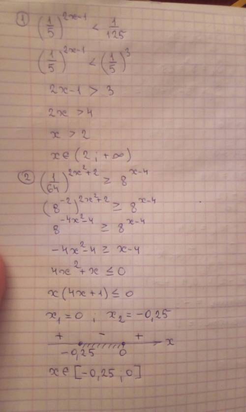 1)(1/5)^2x-1< 1/125 2)(1/64)^2x^2+2> =8^x-4 , решить