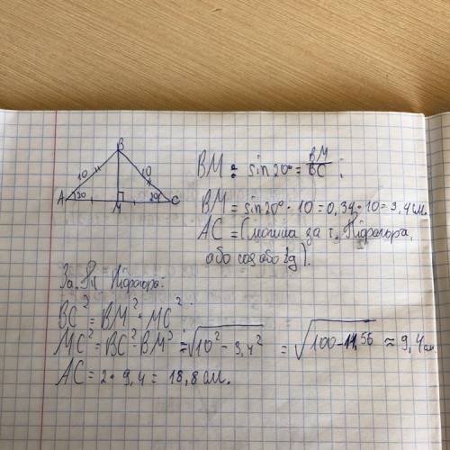 Бічна сторона рівнобедреного трикутника дорінює 10 см і утворює з основою кут 20°.знайдіть основу і